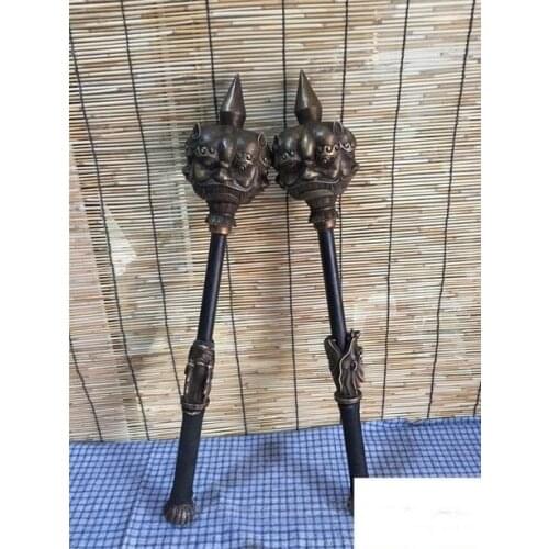 59 CM China Folk Old Copper Bronze Fu Foo Dog Lion face Dragon mace Pair