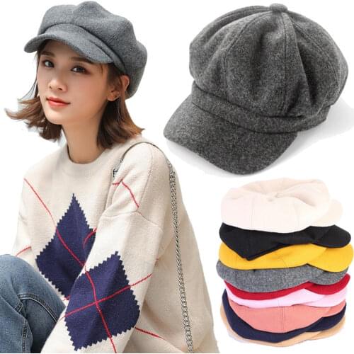 Casual Girls Beret Hats Solid Color Wool Blended Octagonal Newsboy Caps Cool Street Brim Hat Women Wool Berets Outdoor Street