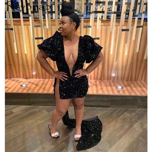 Sparkly Sequin Black Short Party Prom Dresses 2021 Designed Sheer Deep V-neck Short Sleeves African Style Brithdy Prom Dress