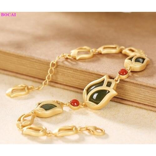 BOCAI 100% S925 Sterling Silver Bracelet Hetian Jasper Thai Silver Rose Hand Chain Pure Argentum Gemstone Bangle For Women