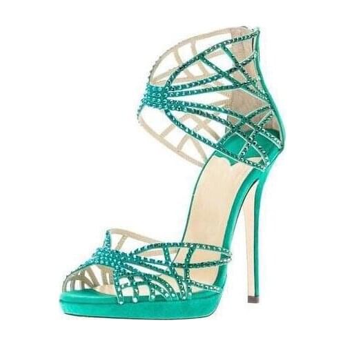 Sexy Green Crystal Embellished Strappy Sandals Beige Suede Cut-out Cage Shoes For Women Back Zipper High Heel Summer Dress Shoes