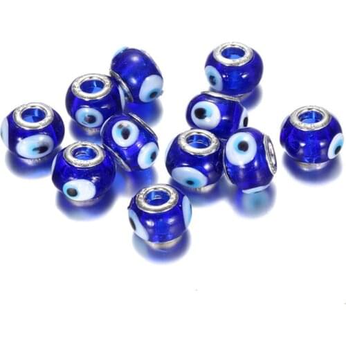 10Pcs Blue Evil Eye Bead Charms Large Hole European Spacer Beads Fit Pandora Bracelet DIY Necklace Women for Hair Jewelry Making