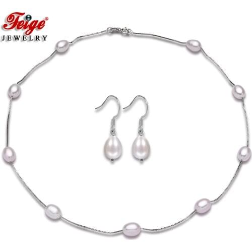 High Quality 925 Sterling Silver Chain Natural Freshwater Pearl Necklace And Earrings for Womens Fashion Jewelry Set