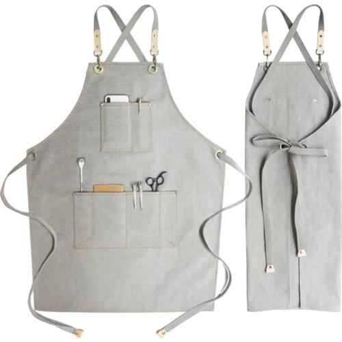 Gray Canvas Apron Crossback Strap Barista Bartender BBQ Chef Catering Uniform Barber Florist Carpenter Painter Work Wear K94A