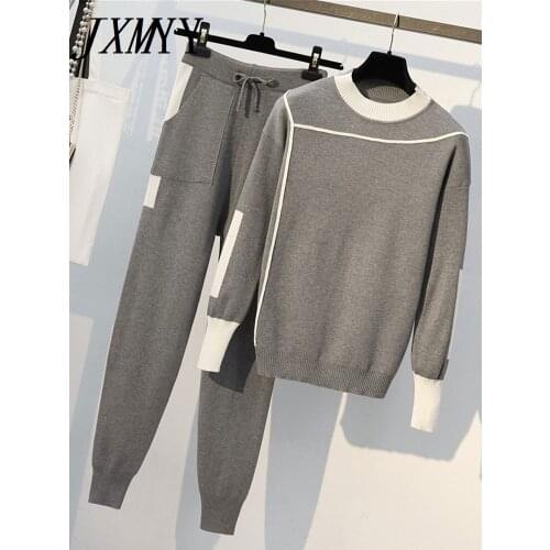 2020 Autumn Runway 2 Pieces Set Knitted Long Sleeve Pullovers Sweater Casual Patchwork Knit Jumper Tops and Pants Suits