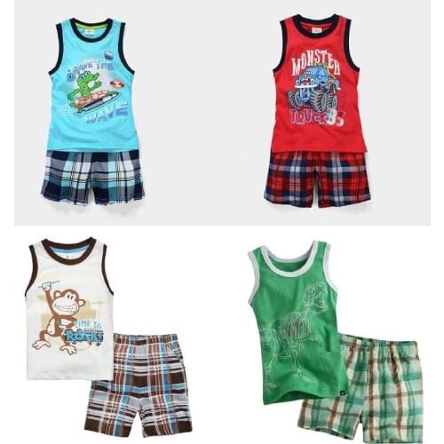 Summer Sleeveless Baby Boy Clothes Suits 100% Cotton Children T-Shirts Shorts Pant Singlet Vest Plaid Panties Beach Kid Tank Top