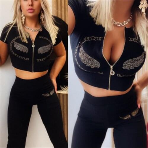 Summer Fashion Zipper Crop Top Women Slim Short Sleeve T Shirt V-Neck High Waist Short Tops Ladies Sexy Printed Club Streetwear