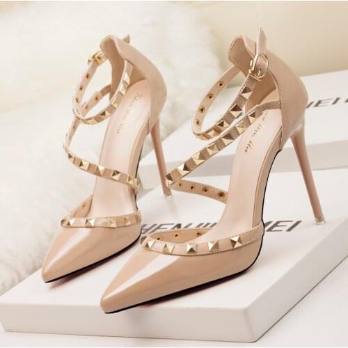 Nude Heels Women Sandals Pu Leather Rivet Cross Strap High Heels Woman Pumps 10 CM Sandals Ladies Sexy Nigh Club Dress Shoes