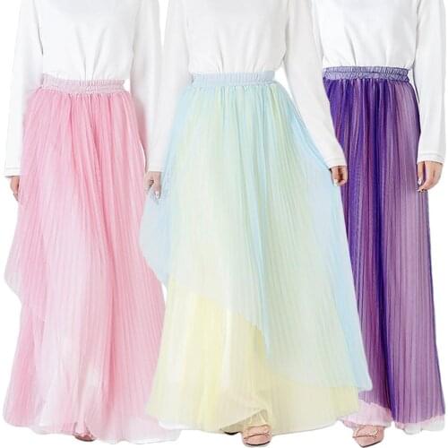 Muslim Women Mesh Elastic Long Maxi Skirt High Waist Islamic Pleated Ladies Casual Skirts Mesh Lace Skirt Arab Bottoms Plus Size