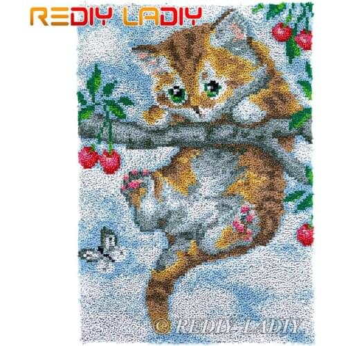 Latch Hook Kits Cat on a Tree Chunky Yarn Embroidery Crocheting Tapestry Kits Needlework Arts & Crafts DIY Carpet Rug 58*85cm