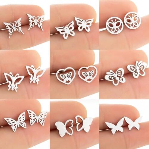 Multiple Popular Stainless Steel Fine Butterfly Earrings for Women Girl Simple Gold Color Black Little Stud Earring Jewelry Gift