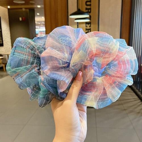 New Yarn Mesh Elastic Hair Rope Plaid Rainbow Hair Bands Striped Ponytail Holder Scrunchies For Girls Women Hair Accessories