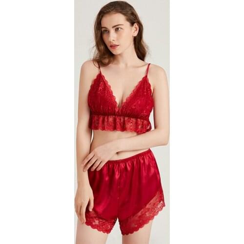 Sexy Lace Floral Women 2PCS Pajamas Sets Red Bride Wedding Pyjamas Sleep Suit Sleepwear Nightwear Summer Shorts Home Wear S-XL