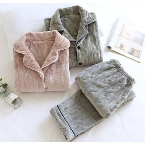 Couple Pajamas Set Winter Flannel Thick Warm Home Wear Women Long Sleeve Trousers Sleepwear Velvet Mens Home Pants Warm Clothes