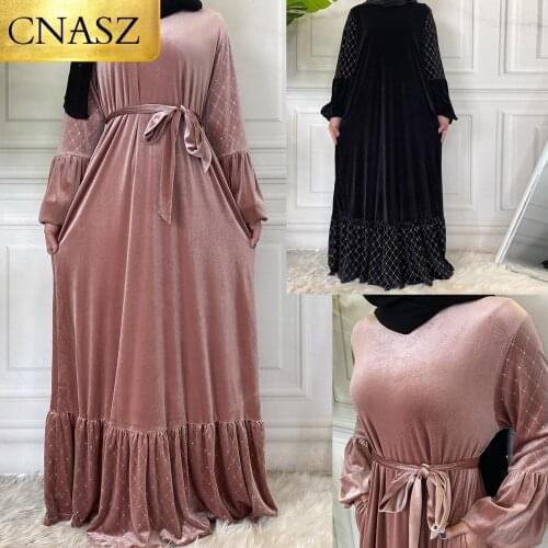 Latest Velvet Fabric Ladies DressLong Maxi Islamic Clothing Muslim Dresses For Women 2021 Middle East Turkey Style Dubai Fashion