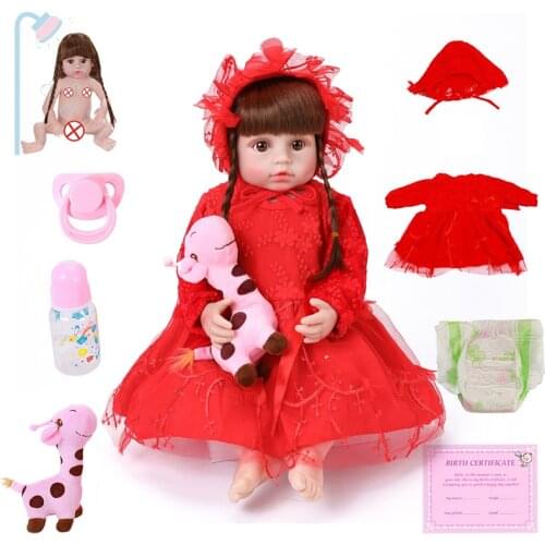 22inch About 55cm Full Silicone Reborn Babe Red Dress Realistic Baby Dolls Reborn Toddler Lifelike Menina Christmas Gifts Toy