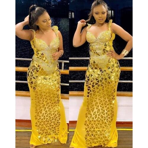 Sparkly Gold Rhinestones Sequins Mesh Long Dress Womens Birthday Celebrate Outfit Nightclub Female Singer Sexy Stage Dress