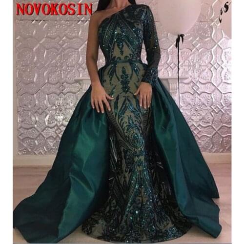One Shoulder Long Sleeves Formal Party Gown With Satin Detachable Train 2019 Shiny Embroidered Sequins Mermaid Prom Dresses