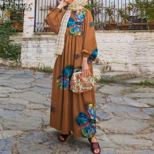 2021 Spring Kaftan Pleated Maxi Vestidos ZANZEA Elegant Women Print Dress Casual Puff Sleeve Long Sundress Ladies Loose Robe 5XL