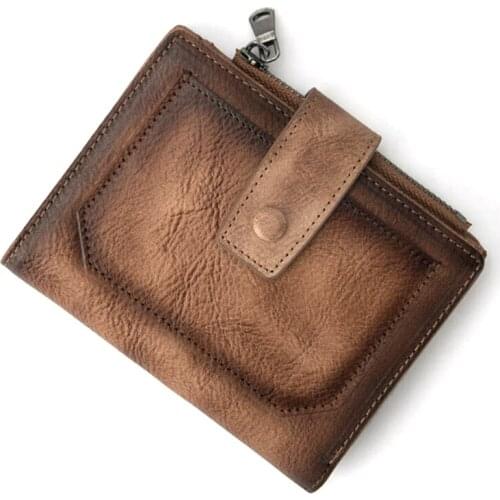 Vintage Cowhide Male Zipper Short Purse Money Bag Coin Pocket Multi-Layer Cash Card Holder Men Genuine Leather Bifold Wallet