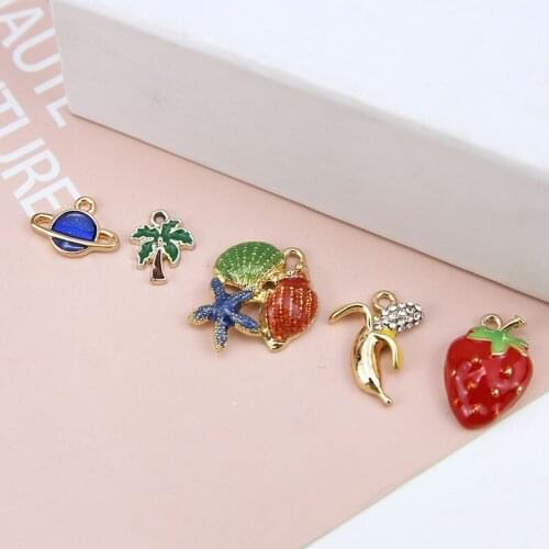 DIY Jewelry Findings Gold Tone Plated Oil Drop Saturn Star Coconut Tree Sea Star Fruit Strawberry Pendant Charms Earring Charms