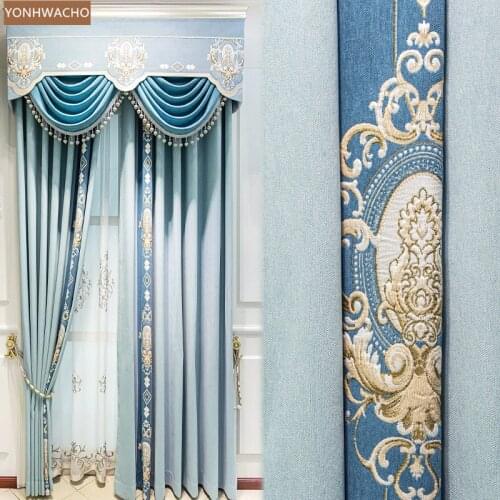 Custom curtains Simple European luxury high-end bedroom seamless stitching blue cloth blackout curtain valance tulle drape C878