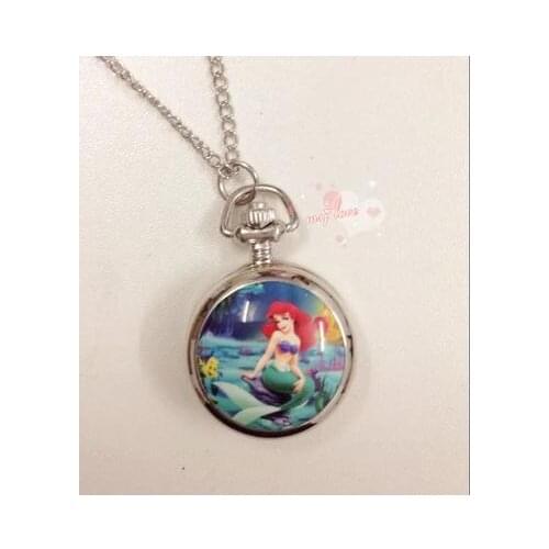 Factory price good quality silver mermaid Enamel Quartz watches Fashion pocket watch necklace with chain