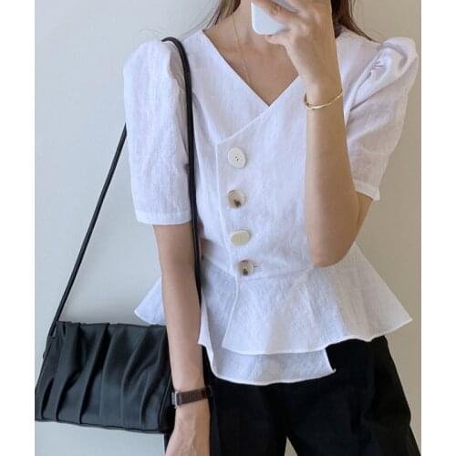 V-neck Single-breasted Slim Irregular Hem Ruffled Short-sleeved Shirt Women