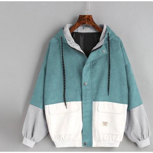 Winter Warm Color Block Hooded Corduroy Jacket Drawstring Hit Color Patched Pocket Thick Basic Women Coat Harajuku New