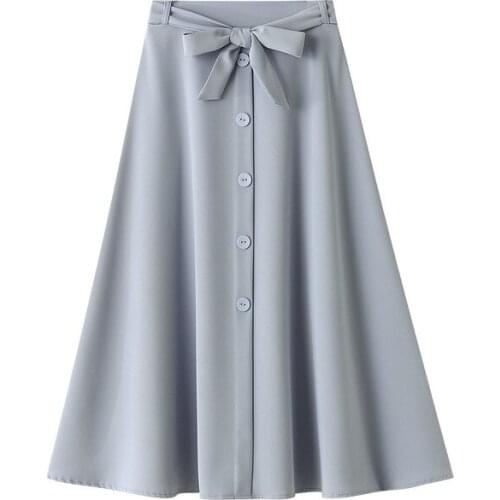 Woman Skirts 2021 Spring Summer High Waist Bow Belt Drape Twill A Line Mid Calf Falda Female Solid Color Front Buttons Sun Skirt