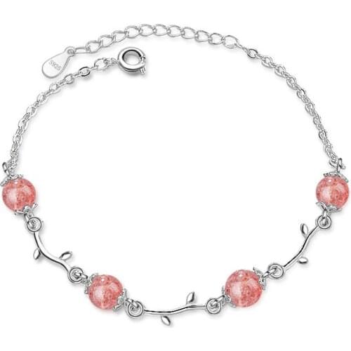 Fine 925 Sterling Silver Pink Strawberry Crystal Bracelets for Women Girls Pink Sweet Fresh Jewelry 2021 Trend Gift Bijoux SB118