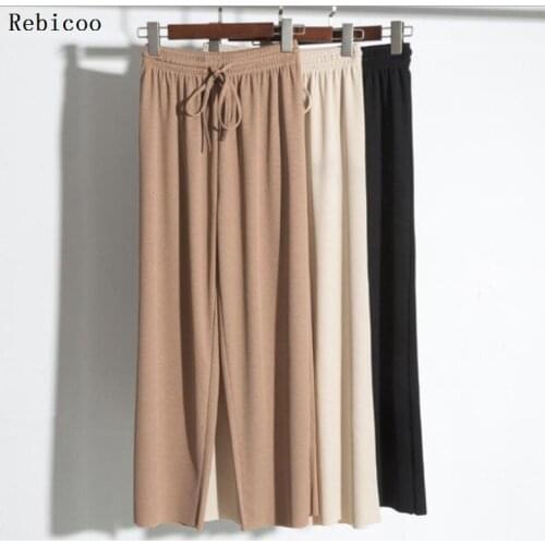 Women Summer Thin Knit Trousers Black Wide Leg Loose Pants Ankle Length Pants Casual trouser Elastic Waist Plus Size Pants S-4XL