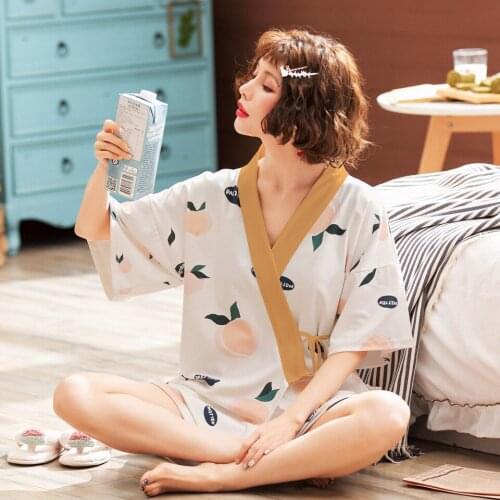 Womens Pajamas Sets Kimono Pajamas Set 2Pieces Set Women Sleepwear Nightwear Short sleeve pjs pijama mujer home clothes apple