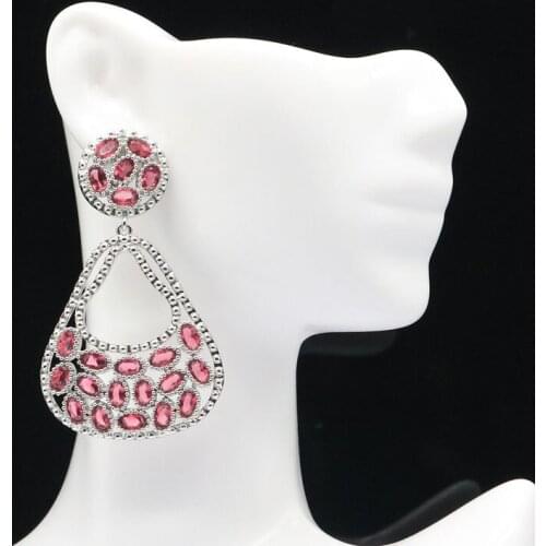 58x35mm Big Hollow Silver Earrings for Women Delicate Fine Cut Pink Raspberry Rhodolite Garnet Jewelry Hot Selling