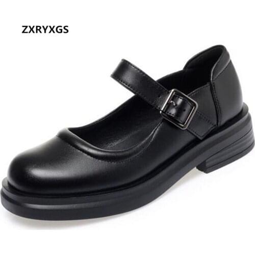 2021 New High Quality Genuine Leather Black Shoes Woman Thick Heels Large Size Soft Sole Comfortable Fashion Shoes Women Shoes