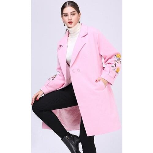 2018 Spring And Autumn New Pattern Embroidery Loose Coat Woman Long Fund Self-cultivation Woollen Windbreaker Woolen Loose 9544