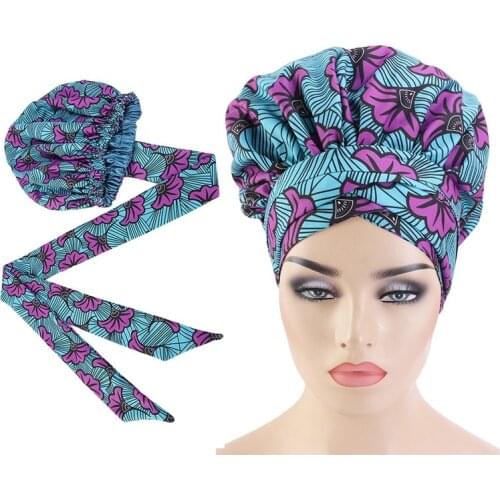 Large Size African Print Satin Bonnet with Long Ribbon Wrap Double Layer Headwrap Ankara Pattern Women Hair Cover Hair Wrap Cap
