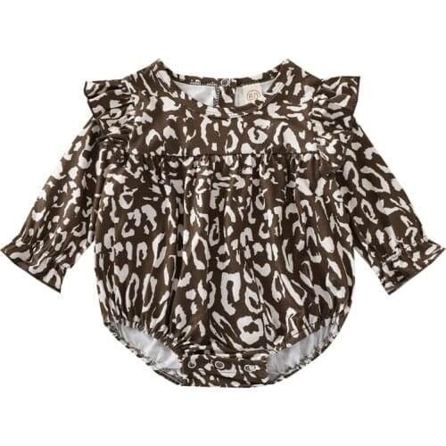 0-24M Baby Girl’s Casual Long Sleeve Bodysuit Fashion Leopard Print Ruffles Stitching Triangle Romper Jumpsuits