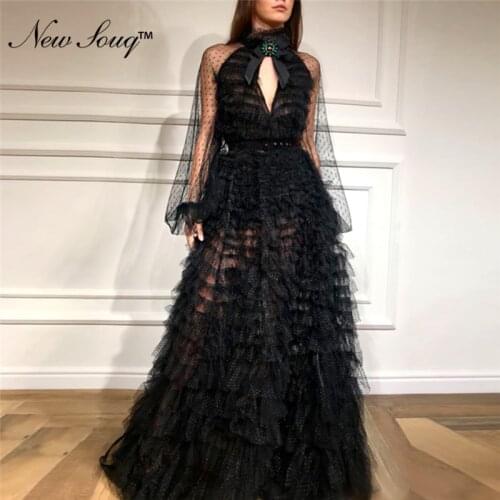 Black Vintage Evening Dresses Elegant Tulle Party Dress 2019 Islamic Dubai Kaftan Saudi Arabic Long Prom Dress Gowns Vestidos