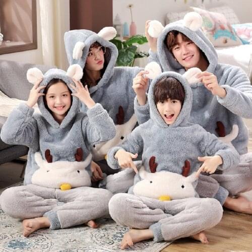 Flannel Pajamas Set Family Outfits Warm Cute Cartoon Parent-Child Sleepwear Winter Coral Women Men Kid Thick Pajamas