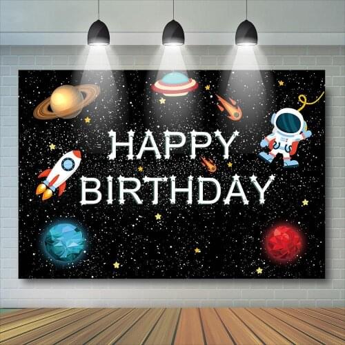 Universe Adventure Birthday Backdrop Spaceship Astronaut Boy Birthday Photography Background Outer Space Planet Decor Banner