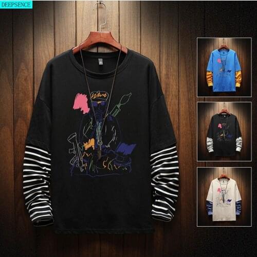 Spring New Splicing Men Long-Sleeved Top T-Shirt Loose Round Neck Breathable Top Sweatshirt Big Sweatshirt for Men