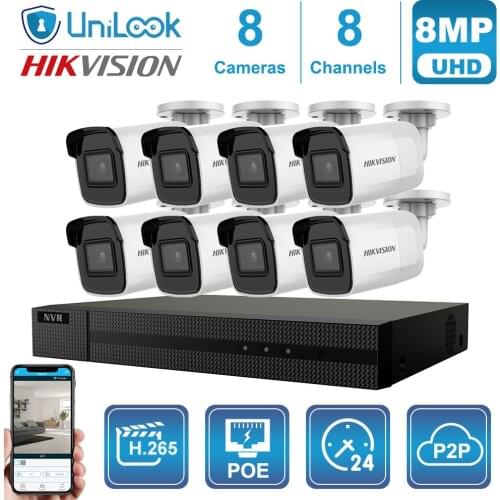 Hikvision Original Camera Kit 8Pcs DS-2CD2085G1-I Outdoor Security System Hik OEM NVR IP67 Night Vision H.265+ Guarding Vision