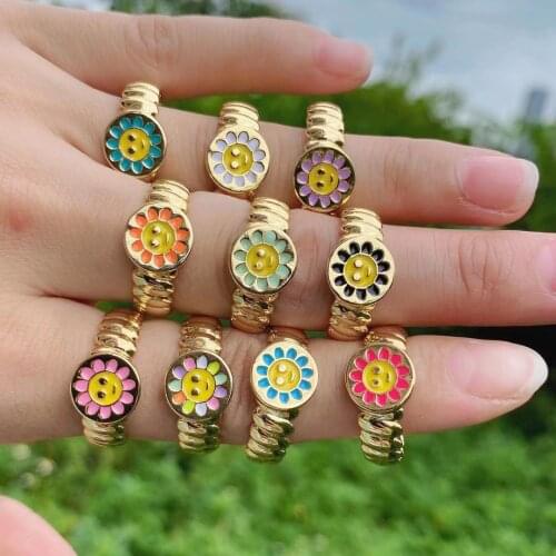 10PCS, Colorful Smiley Sunflower Rings for Women Aesthetic Enamel Metal Ring Couple Jewelry
