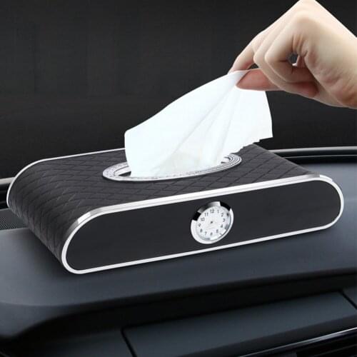 Leather Multifunctional Facial Tissue Box Napkin Holder with Clock Parking Number Plate for Home Office Car Auto Products
