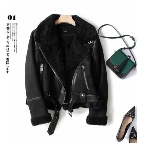 Fake Leather Jackets Women Winter Faux Shearling Sheepskin Lady Thick Warm Suede Lambs Short Motorcycle Brown Coats