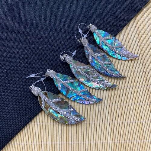 Leaf Shape Abalone Shell Sticky Diamond Fashion Pendant for DIY Handmade Necklace Bracelet Jewelry Accessories Size20x75-25x80mm