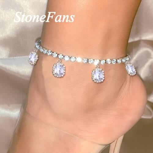 Stonefans INS Fashion Rhinestone Tennis Chain Anklet Square Pendant for Women Summer Beach Hip Hop Barefoot Anklet Foot Jewelry