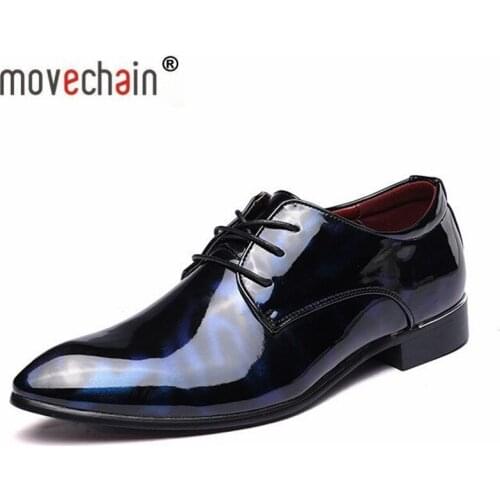 Movechain Vintage Design Mens Fashion Print Patent Leather Business Dress Shoes Mens Casual Lace-Up Flats Plus Sizes EUR 38-48
