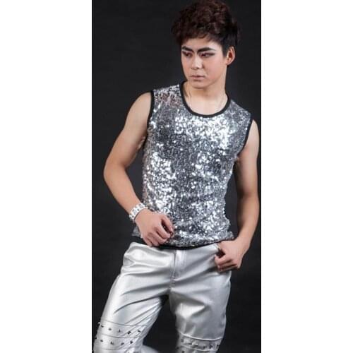 Silver Singer stage rock round collar fitness men vest sleeveless men clothing shirt fashion 2020 brand mens jacket Customizable
